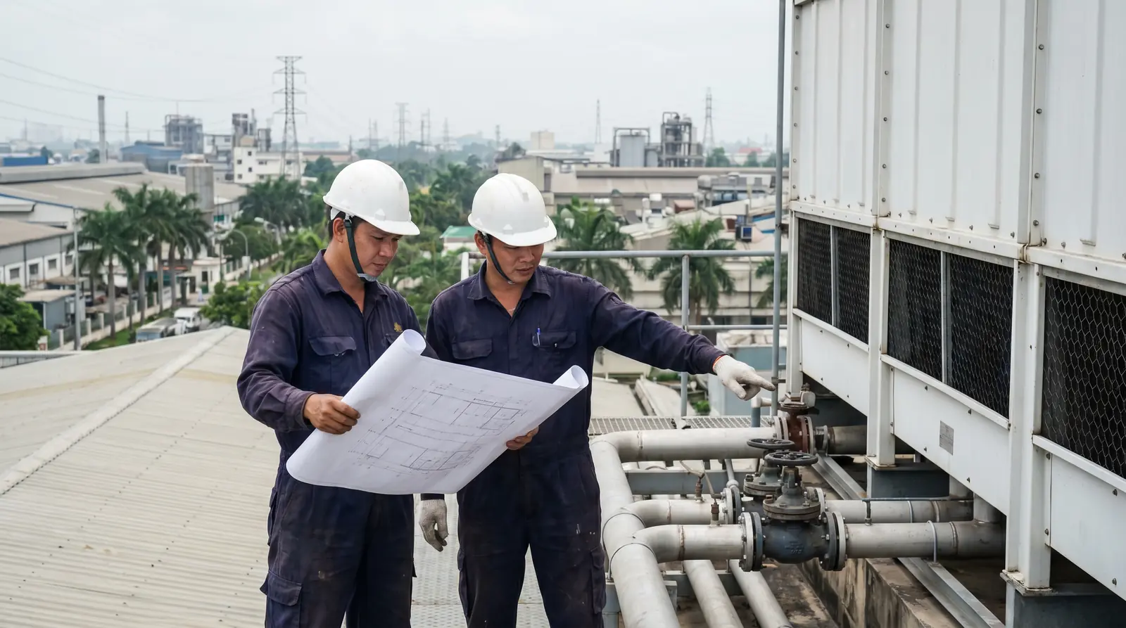 COOLTEK application engineers reviewing drawings at a Hai Phong factory installation