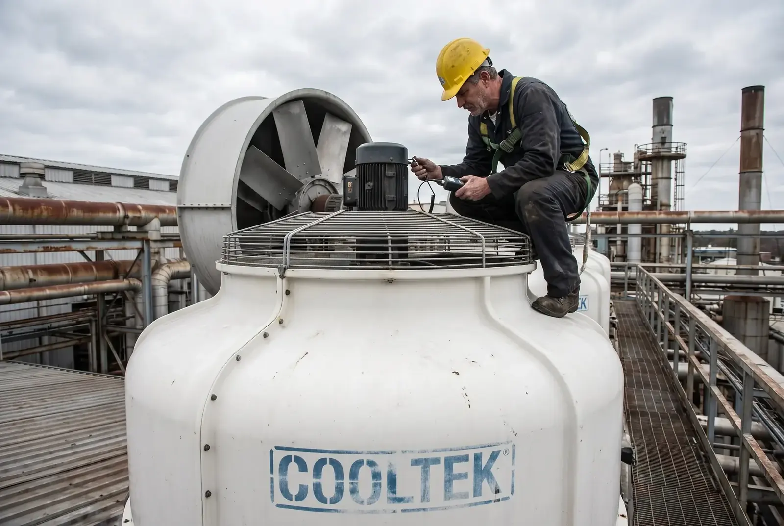 Cooling tower fan blade inspection and maintenance