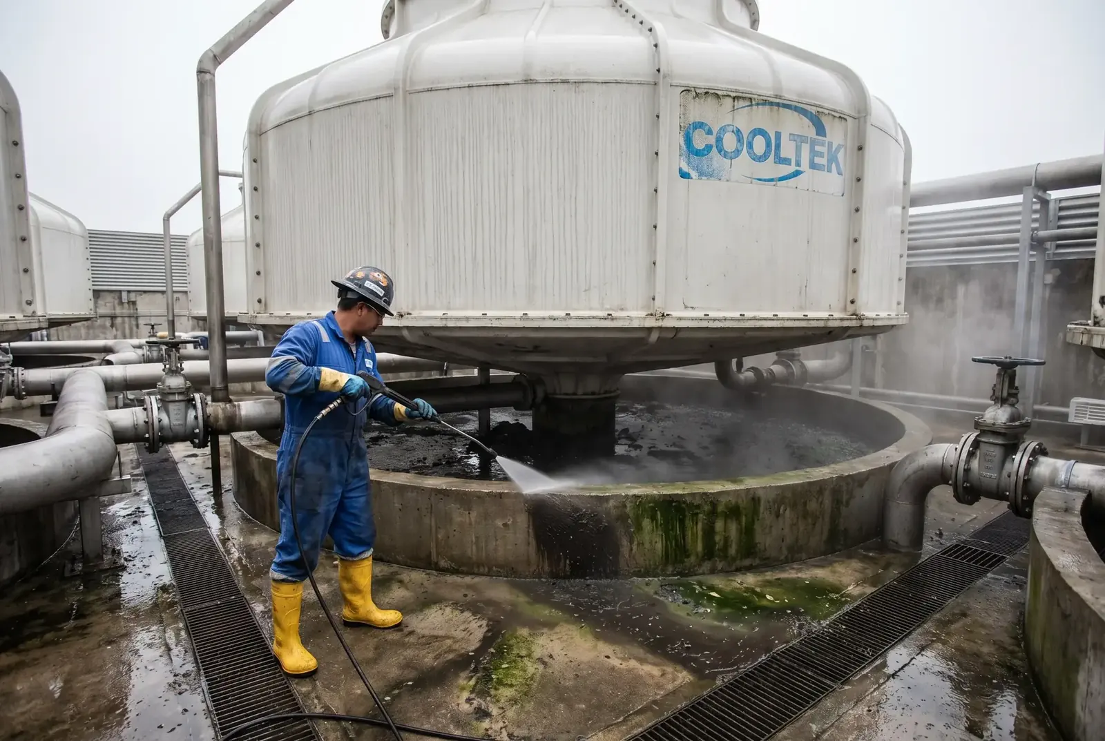 Cooling tower water basin inspection and cleaning